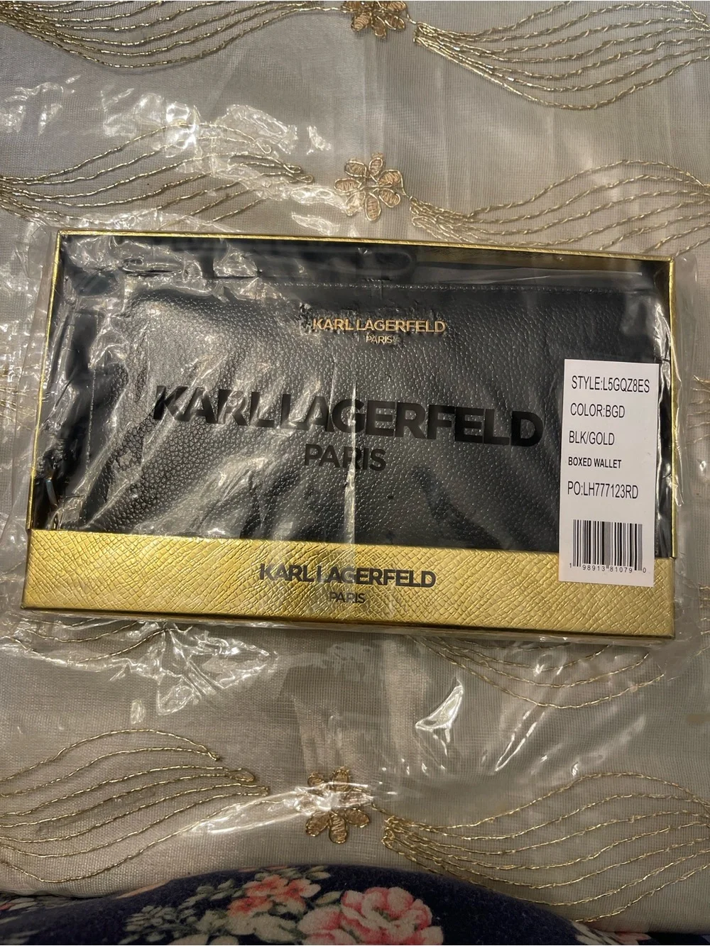 Karl Lagerfeld Black Pebbled Leather Zip Wristlet with Gold Logo